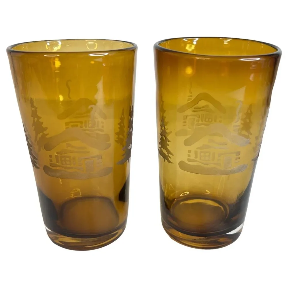 2 Home Studio Woodland Amber Glass Tumblers Etched Winter Scene 20 OZ Cabin Tree